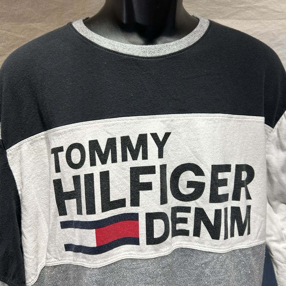 Tommy Hilfiger Denim Mens XL Colorblock Crewneck Sweatshirt Gray Black Flag Logo